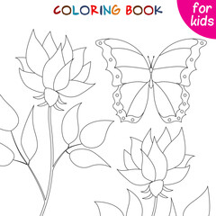Butterflies collection. Butterfly and two flowers. Coloring book page
