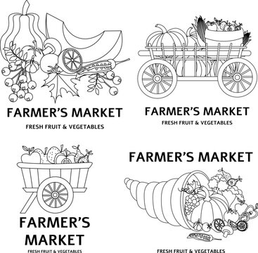  Farmer's market poster. Set of black and white logos for the farmers market. Farmers market poster collection. Vector banner templates with inscription for local food fair.