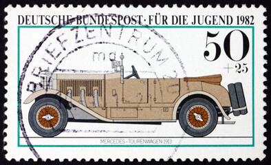 Postage stamp Germany 1982 Mercedes, Tour Car 1913, antique car