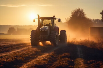 Farm tractor working on the field in the morning. Agriculture and farming generic illustration. Created with Generative AI technology.