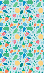 colorful drawn fruits pattern with carrots and strawberries