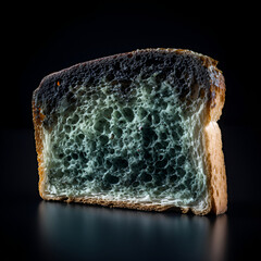 Slice of moldy toast bread on a black background. Generative AI