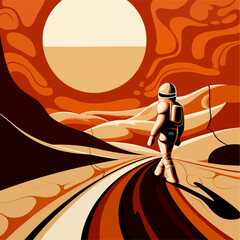 Mars dreamscape, Artistic depiction of an astronaut's surreal experience on the gas giant, presented in a vector poster with abstract hand-drawn elements.