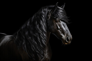 majestic black stallion with flowing mane- animal portrait, generative Ai