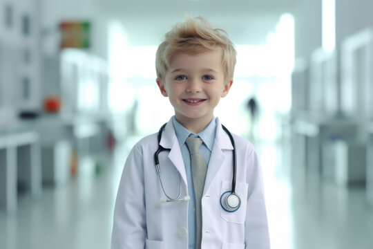Portrait of a child wearing a doctor uniform with stethoscope in a hospital. Generative ai