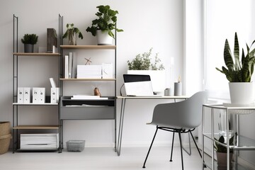 interior background beautiful home technology workspace shelves wooden contemporary monitor office indoor. Generative AI.