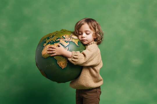 A young child hugging a planet earth model. Protecting environment. Generative ai
