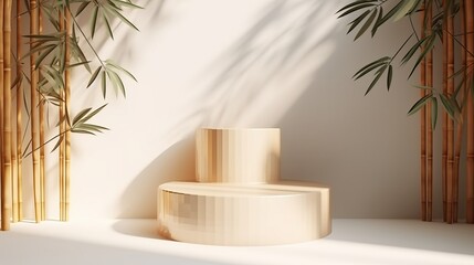 Bamboo product display podium for natural product. Empty scene with bamboo branch. Generative ai