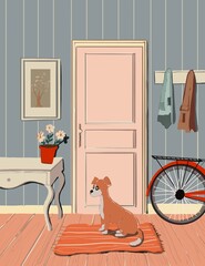 The dog is sitting in front of the door in the hallway