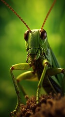 A close up of a green grasshopper