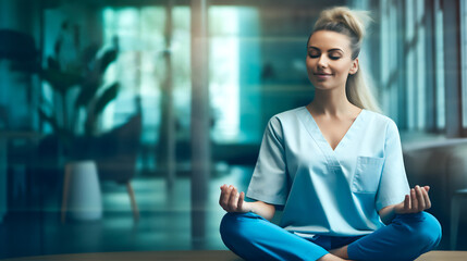 a healthcare worker in a relaxed state, engaging in  yoga or meditation Generative AI  - obrazy, fototapety, plakaty