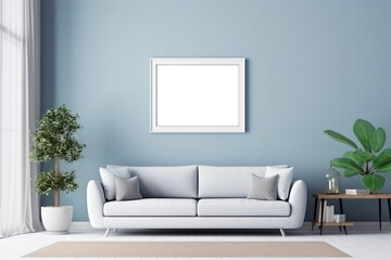 Minimalistic Scandinavian Living Room Interior with Mockup Frame on Blue Gray Wall, generative Ai