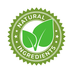 Badge of natural ingredients. Green and white organic leaf shape rubber stamp. Design elements for labels, stickers, banners, posters for food and health business. Vector illustration.