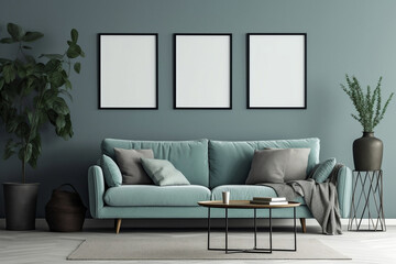 Modern Scandinavian Living Room with Blue-Gray Wall and Mockup Frame, generative Ai