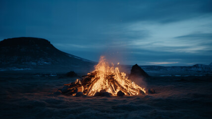 bonfire in Icelandic landscape, cinematic photo, editorial landscape photography, arctic landscape