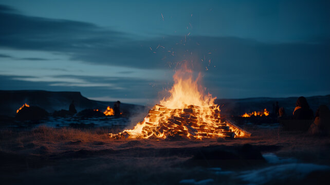 bonfire in Icelandic landscape, cinematic photo, editorial landscape photography, arctic landscape