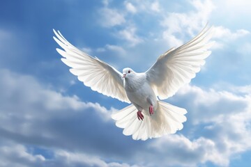 A white dove in flight against a blue sky with fluffy clouds. Generative AI