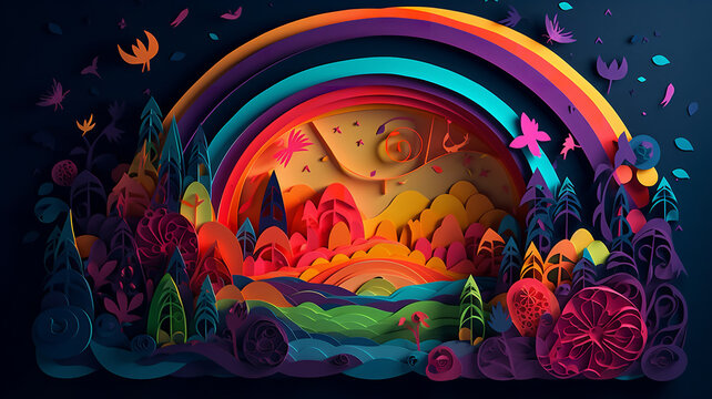 Multi - dimensional paper kirigami craft, paper illustration, rainbow in the dark, paper cutouts
