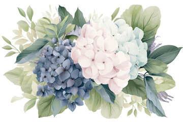 garland or tender white and blue flowers, floral wedding background, ai generative
