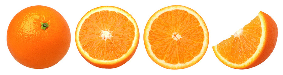 Orange fruit half and slices isolated, Orange fruit macro studio photo, transparent png, collection, PNG format, cut out.