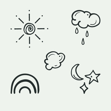 Weather pictogram, hand drawn icon set, doodle black stroke, cartoon style isolated elements. Vector illustration