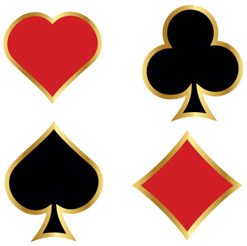 Suit deck of playing cards with golden border on transparent background