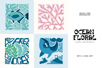 Fototapeta na wymiar Underwater world, ocean, sea, fish and shells vertical flyer or poster template. Modern trendy Matisse minimal style.