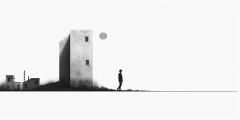 AI Generated. AI Generative. Surrealism lonely mood illustration with a lonely man person in urban city minimal decoration. Graphic Art