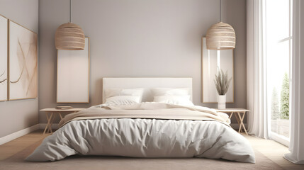 Vertical two frame mockup in boho bedroom interior with wooden floor and white bed. Beige blanket, cushion and dried grass. Basket and wicker lamp on wall. 3d rendering.
