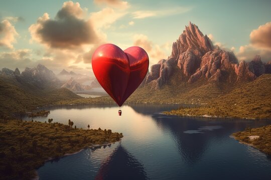 A Red Balloon In The Form Of A Heart Floating Over A Lake. Generative AI