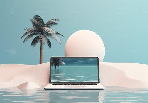 beach laptop palm travel concept tropical summer vacation tree computer. Generative AI.