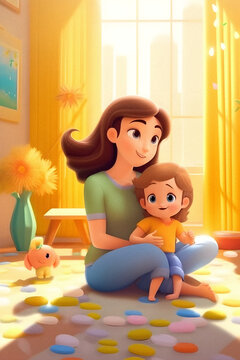Celebrate Mother's Day with a Cozy 3D Poster in Animation Style: Beautiful Mom and Cute Child Playing with Toys in a Bright Living Room