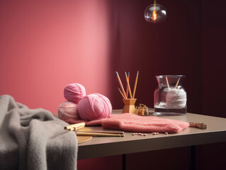 Knitting needles, balls of yarn and knitting needles on a table
