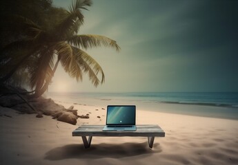 palm tree summer beach concept travel vacation laptop tropical computer. Generative AI.