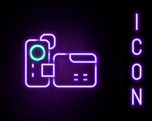 Glowing neon line Cinema camera icon isolated on black background. Video camera. Movie sign. Film projector. Colorful outline concept. Vector