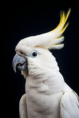 White cute cockatoo parrot on black background, generative ai.
