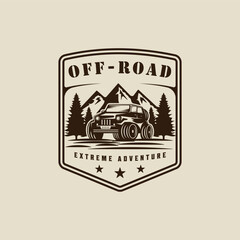 off road car logo vintage vector illustration template icon graphic design. vehicle for adventure outdoor with mountain and pine tree landscape sign or symbol with retro typography with badge © zyxroun
