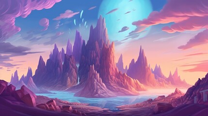 A surreal landscape with a mountain. Fantasy concept , Illustration painting. Generative AI