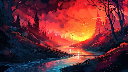 A surreal landscape with a river made of fire. Fantasy concept , Illustration painting. Generative AI