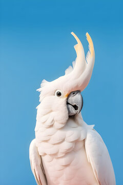 White cute cockatoo parrot on blue background, generative ai.