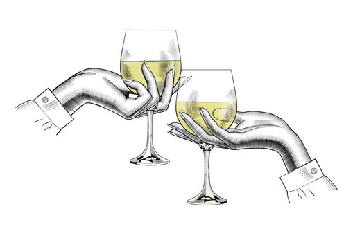 Hands holding a glasses with white wine. Friends raising a toast with glasses of wine at family dinner. Friends cheering with wine glasses. Vintage engraving stylized drawing. Vector illustration