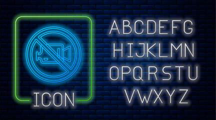 Glowing neon Prohibition sign no video recording icon isolated on brick wall background. Neon light alphabet. Vector