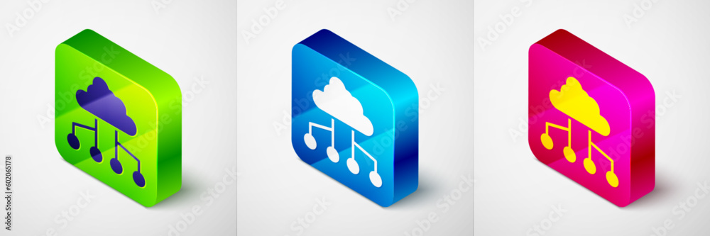 Poster Isometric Network cloud connection icon isolated on grey background. Social technology. Cloud computing concept. Square button. Vector