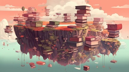 A surreal landscape with floating islands made of books. Fantasy concept , Illustration painting. Generative AI