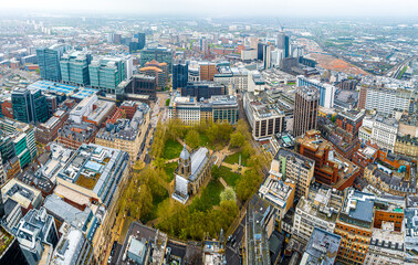 Aerial view of Birmingham, a major city in England’s West Midlands region, with multiple Industrial Revolution-era landmarks