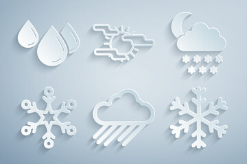 Set Cloud with rain, snow and moon, Snowflake, Fog sun and Water drop icon. Vector