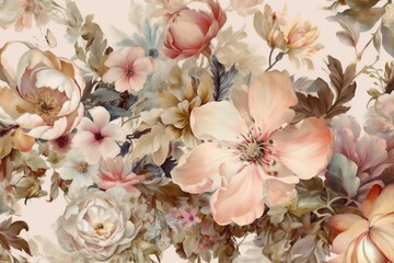 background illustration botanical leaf design seamless wallpaper delicate flower peony watercolor. Generative AI.