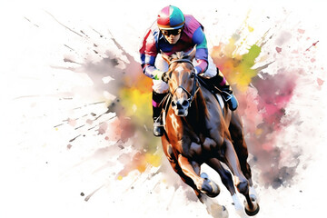Colorful Watercolor Illustration of Racing Horse and Jockey in Equestrian Sport, generative Ai