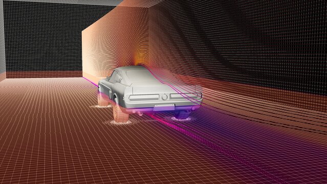 CFD Simulation of an oldschool vintage american car - backview of the velocity streamlines with numerical grid