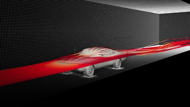 CFD simulation of an oldschool vintage american car - front view of the velocity streamlines colored in red